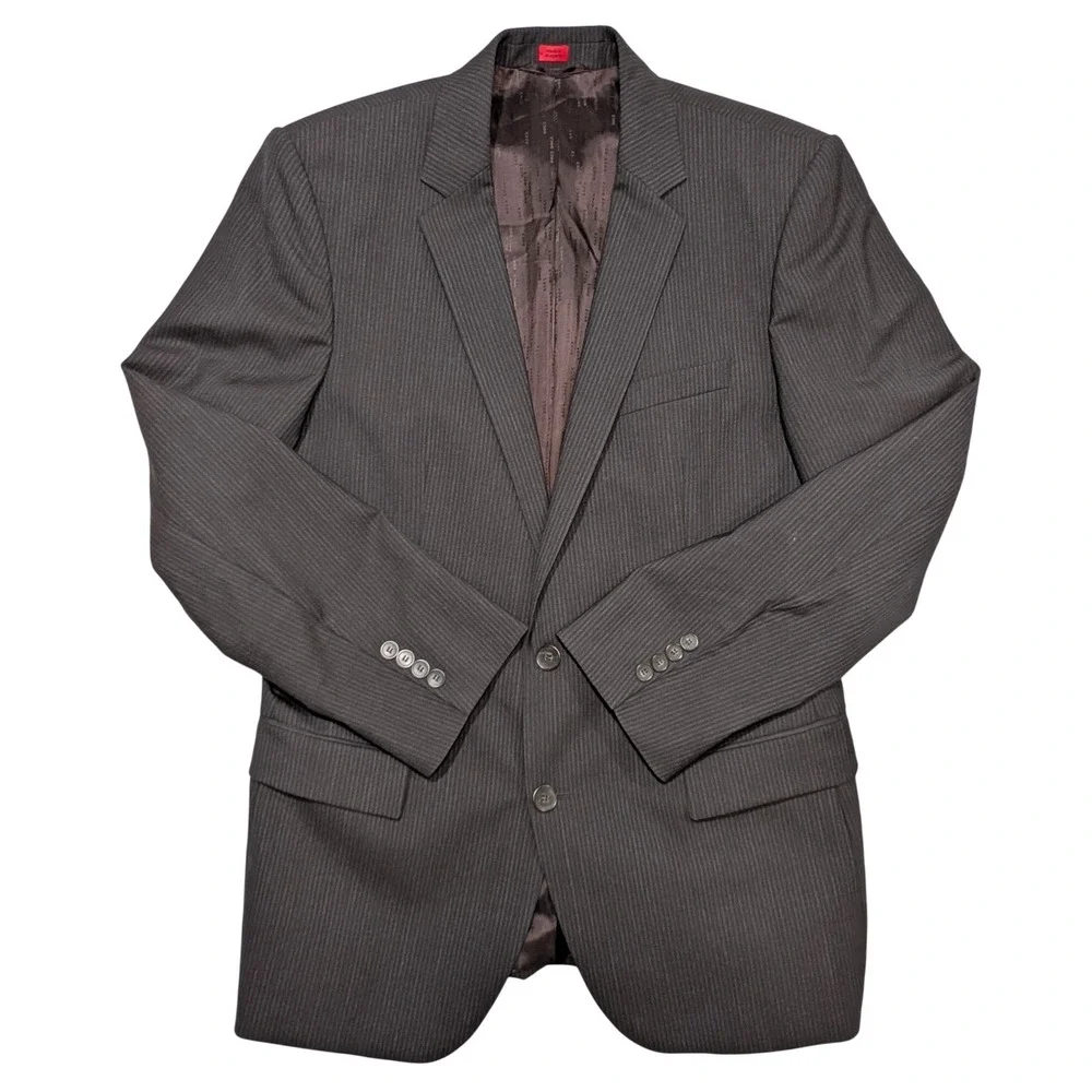Hugo Boss Amaro Helse Blazer 42R Dark Brown Pinstripe 2 Button 100% Wool Jacket